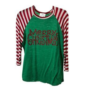 L&B Life Merry Christmas Glitter Graphic Print Green Red White Top Womens Size L